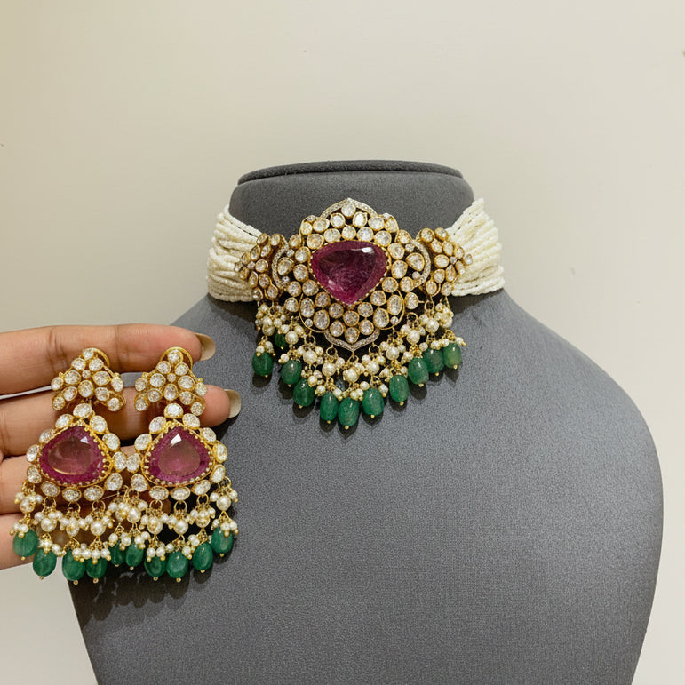 Ruby-Pink Heart Solitaire & Moissanite Polki Statement Choker