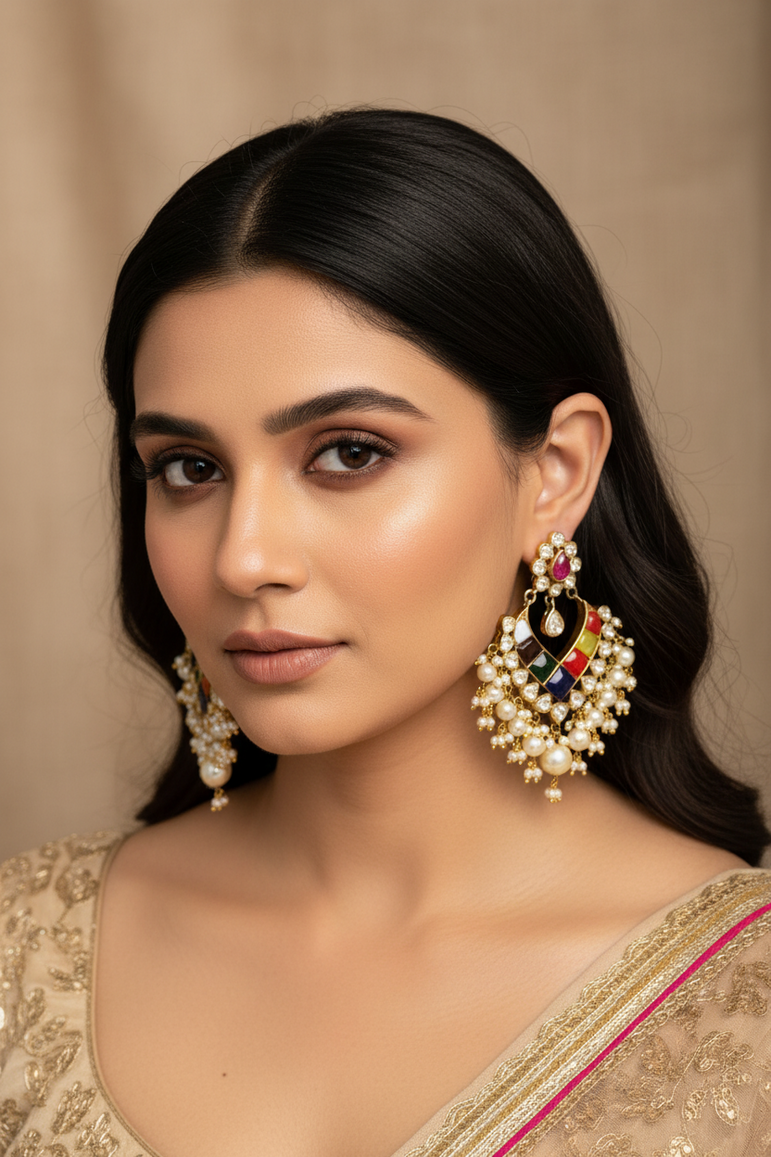 Heritage Navratna-Inspired Moissanite Polki Chandbali Earrings