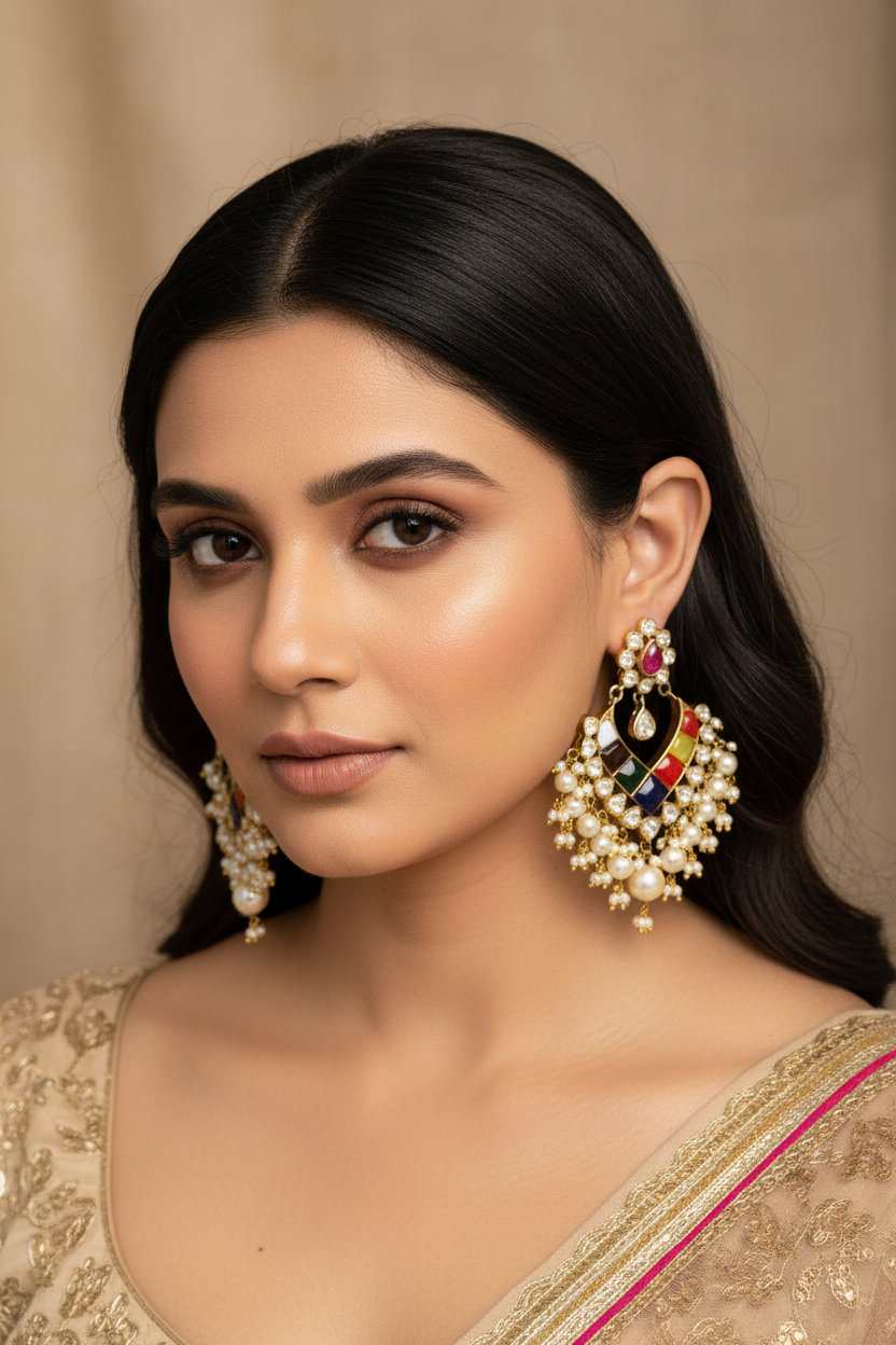 Heritage Navratna-Inspired Moissanite Polki Chandbali Earrings