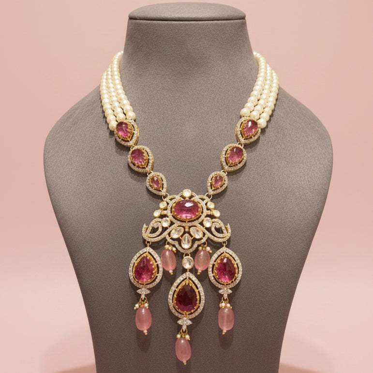 Pink Tourmaline / Rubellite & Moissanite Polki Set in