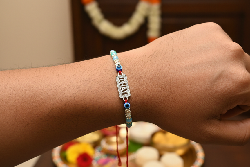 BHAI" Silver Rakhi with Evil Eye