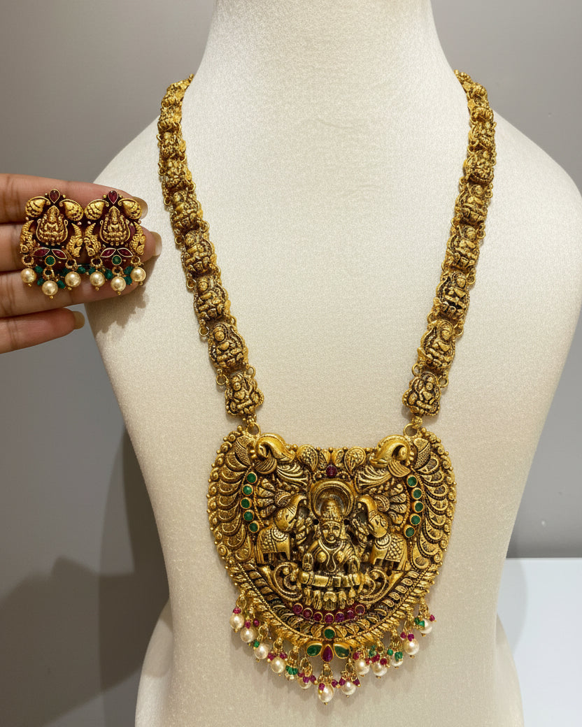 Gaja-Laxmi Temple Gold Shield Long Haram Set