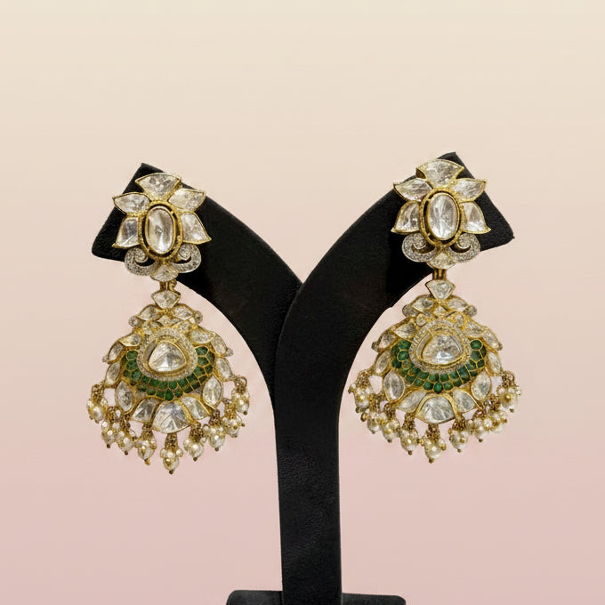 Grand Tiered Moissanite Polki & Green Meenakari Crescent Bridal Set