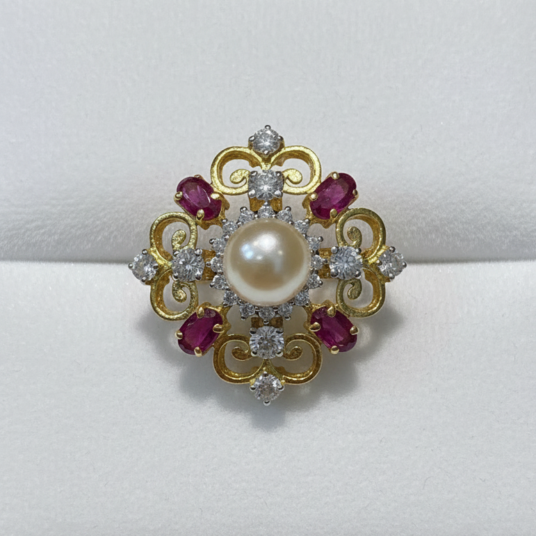 Filigree Pearl Medallion Moissanite Diamond Statement Ring