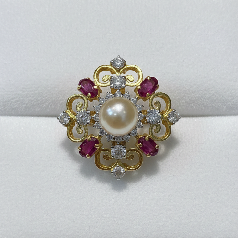 Filigree Pearl Medallion Moissanite Diamond Statement Ring