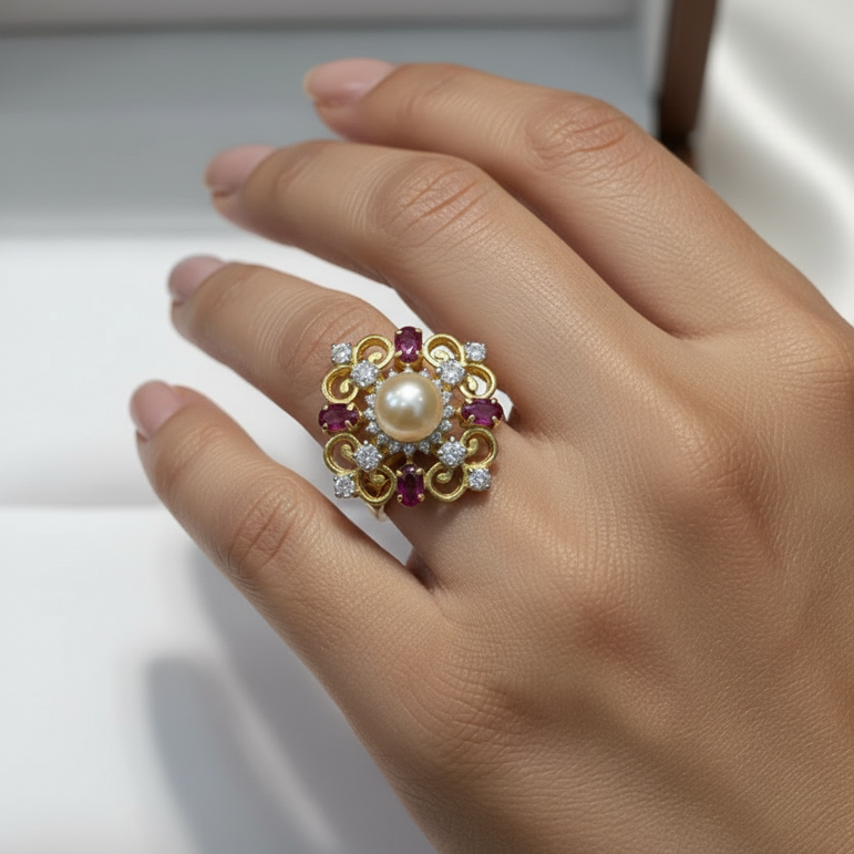 Filigree Pearl Medallion Moissanite Diamond Statement Ring