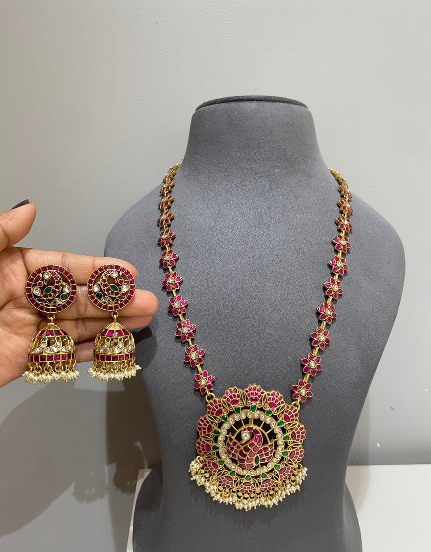 925 Silver Ruby Mor Long Necklace Set