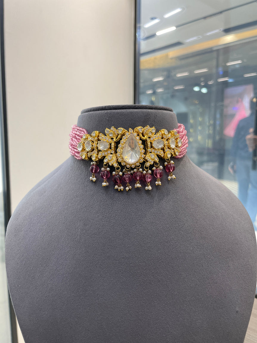 GORGEOUS PINK COLOR POLKI PURE SILVER CHOKER WITHOUT EARRINGS