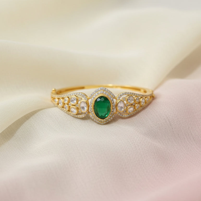 Emerald Cabochon & Moissanite Polki Statement Bracelet