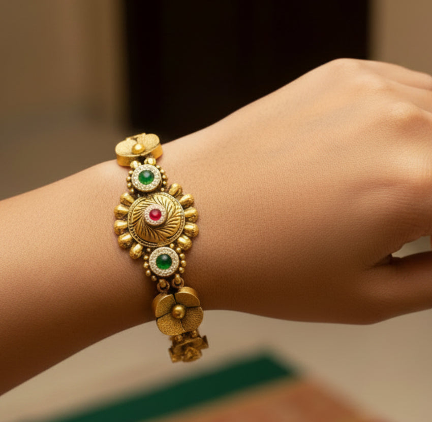 Antique Gold Floral Nakshi Segmented Bracelet
