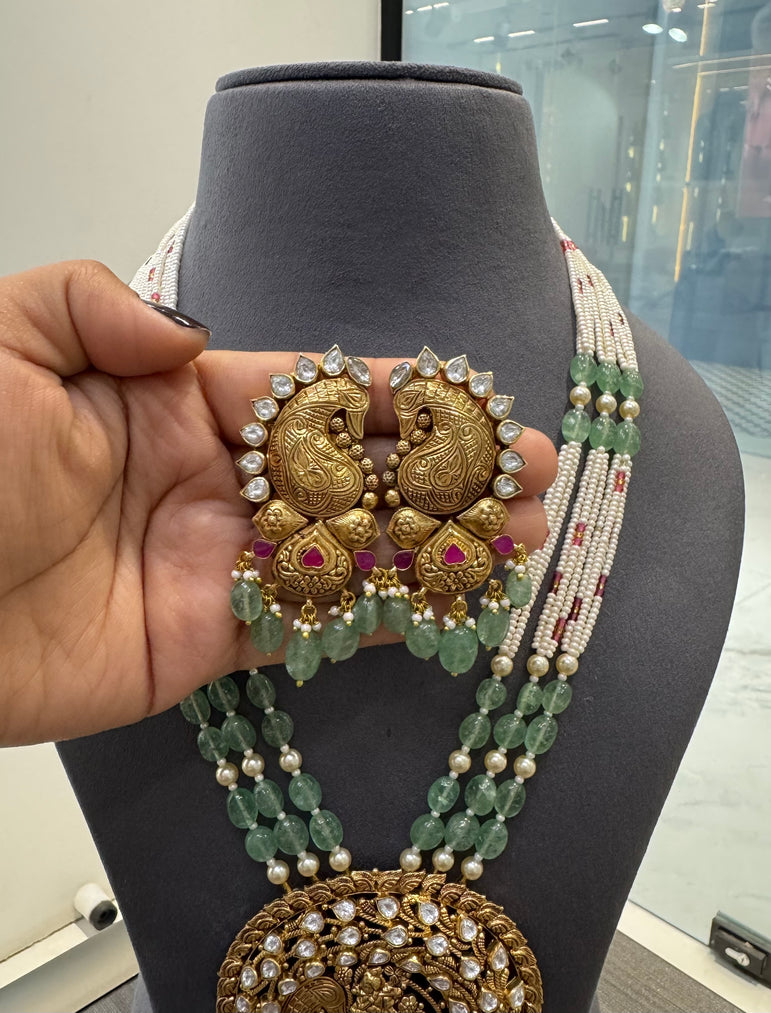 925 Silver Mayura Krishan Ji Real Gold Look Necklace Set