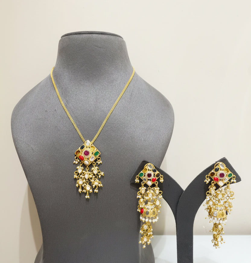Navratna Diamond-Shaped Medallion Pendant Set