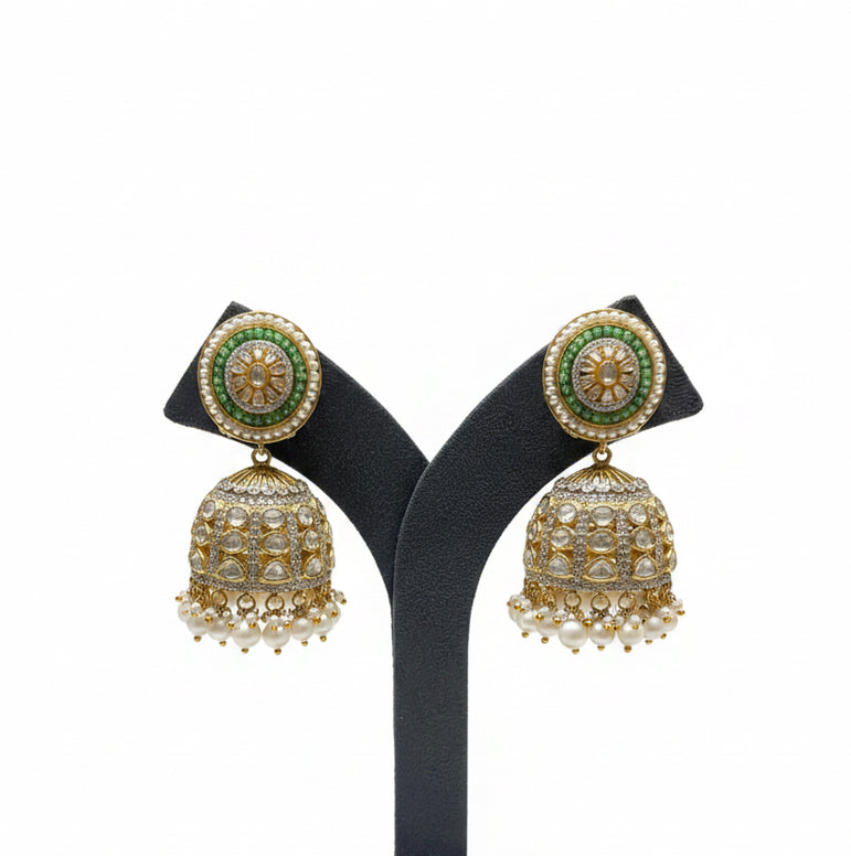 Green Halo Stud & Pavé Grid Polki Jhumki Earrings