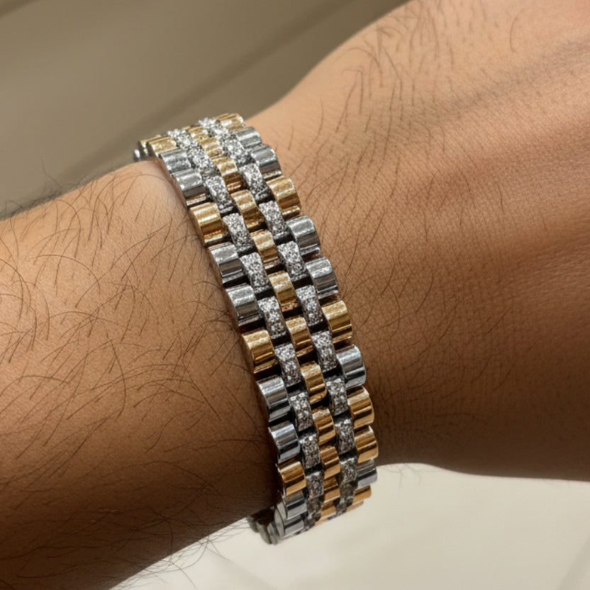 Tri-Tone Jubilee Watchband Style Solitaire Men's Bracelet
