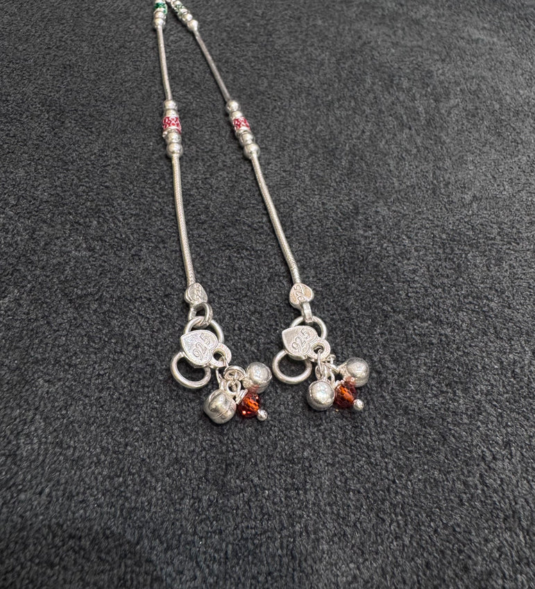 GREEN AND RED COLOR WORK PURE SILVER ANKLET ( 1 PAIR )
