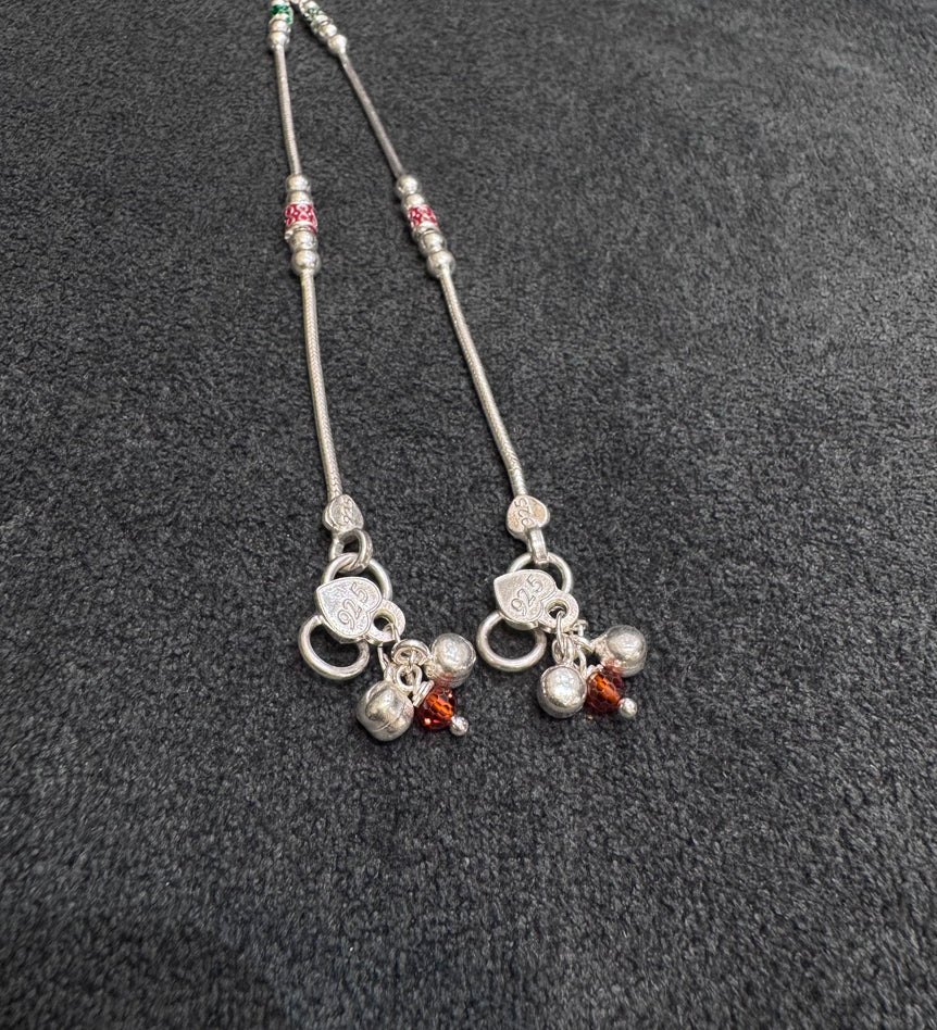 GREEN AND RED COLOR WORK PURE SILVER ANKLET ( 1 PAIR )