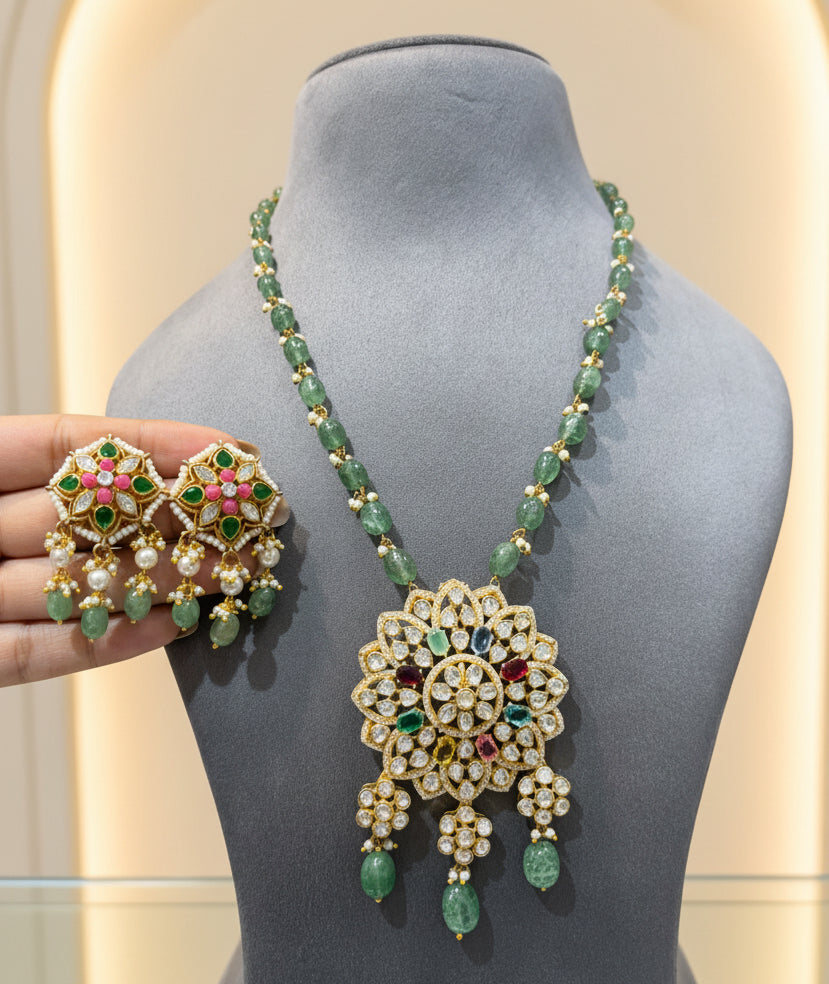 Navratna Moissanite Polki Openwork Rosette Pendant Set