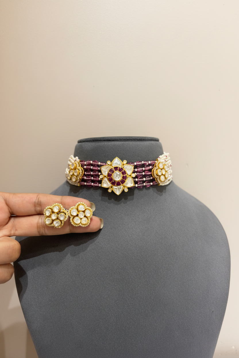 Floral Polki & Dual-Tone Strand Choker