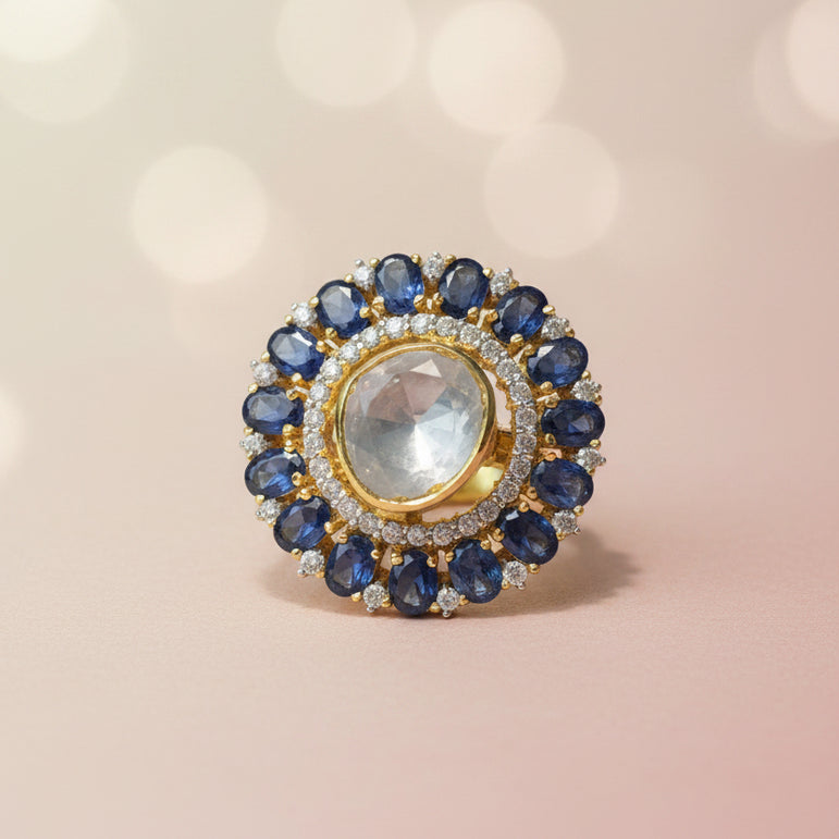 Sapphire Blue Halo Moissanite Polki Statement Ring