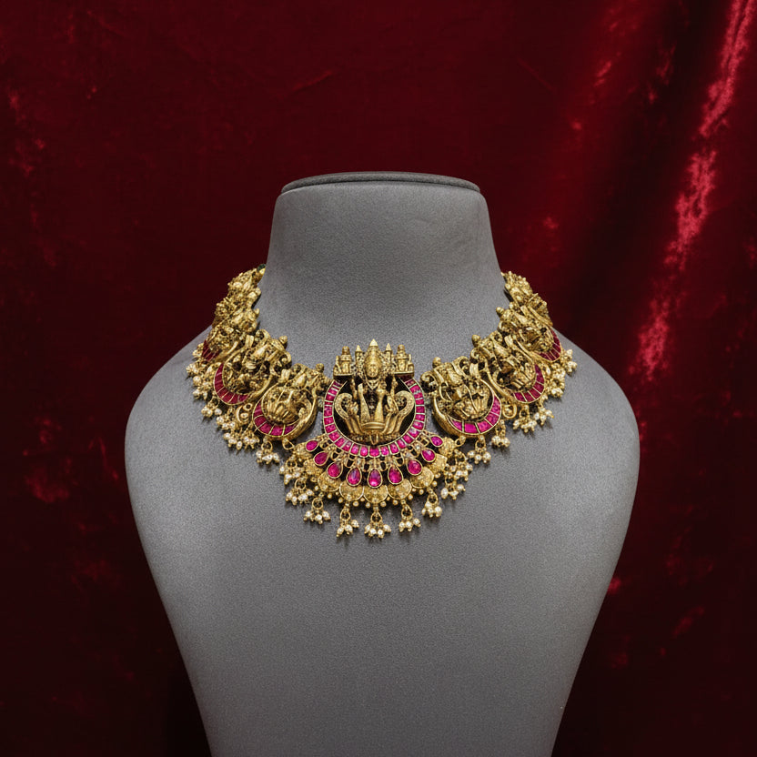 Goddess Lakshmi Antique Gold Plated Nakshi Set