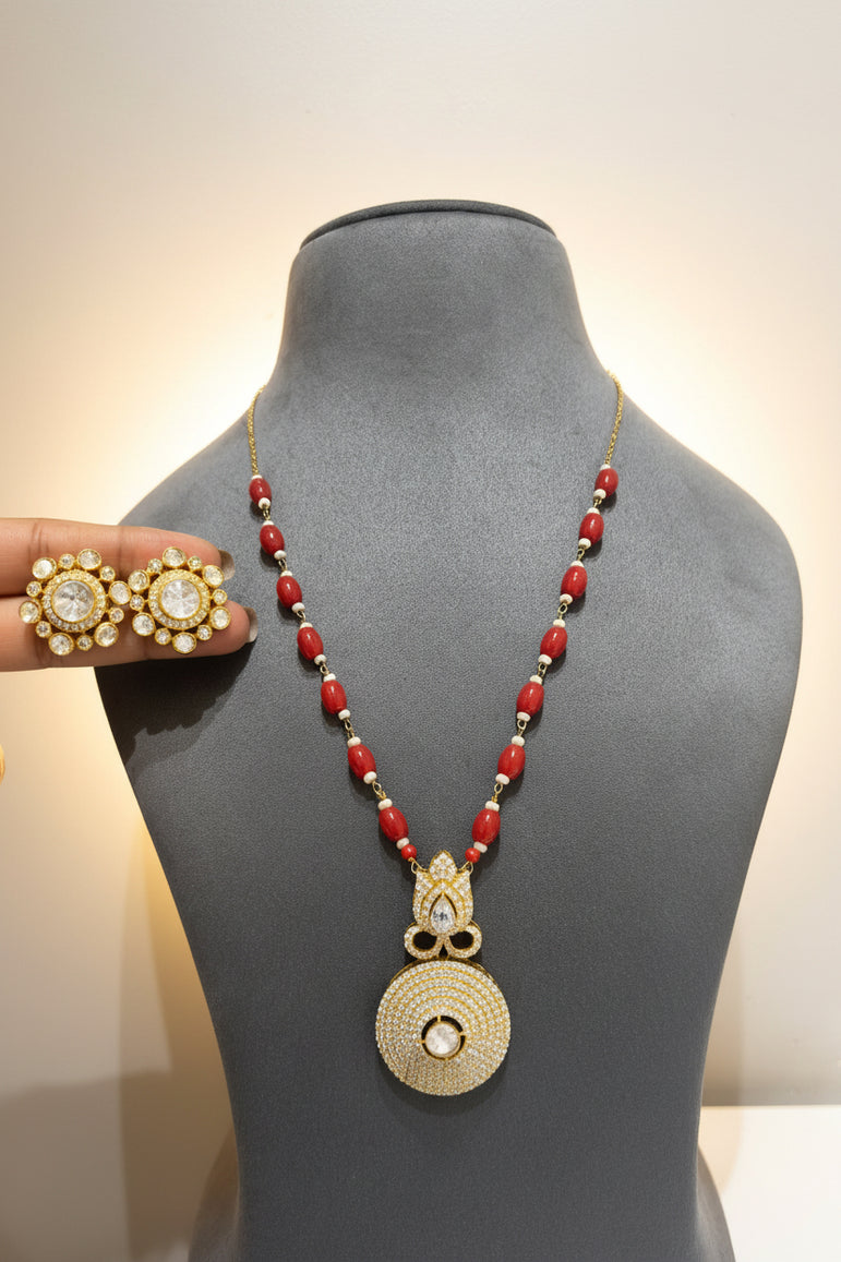 Crimson Bead Moissanite Polki Medallion Pendant Set