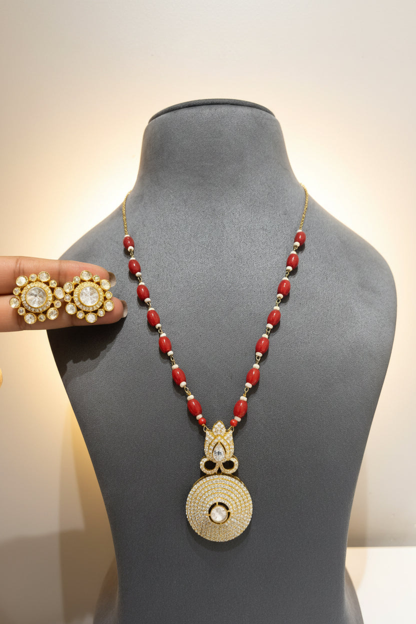 Crimson Bead Moissanite Polki Medallion Pendant Set