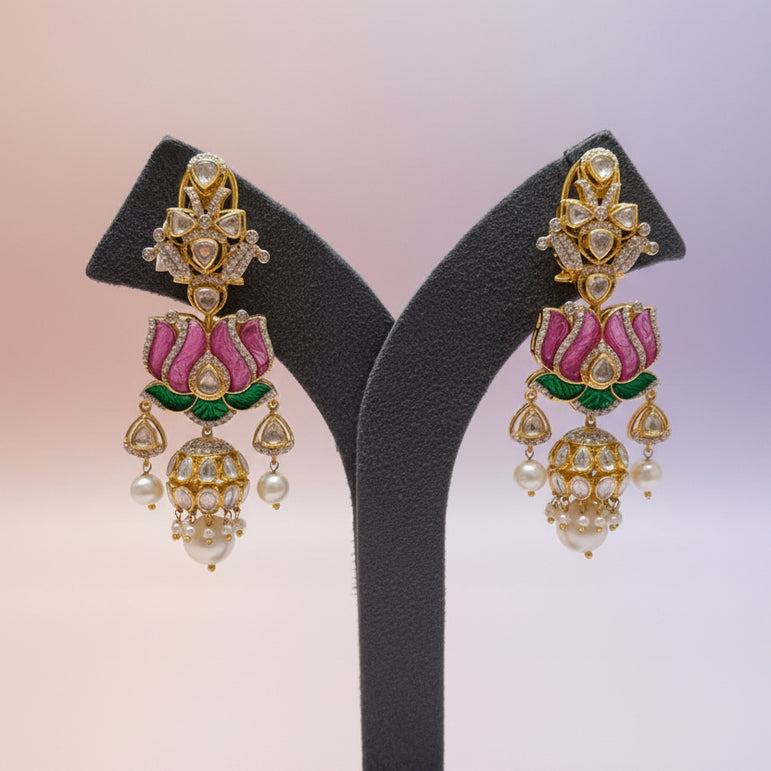 Enamel Lotus Motif Moissanite Polki Jhumka Earrings