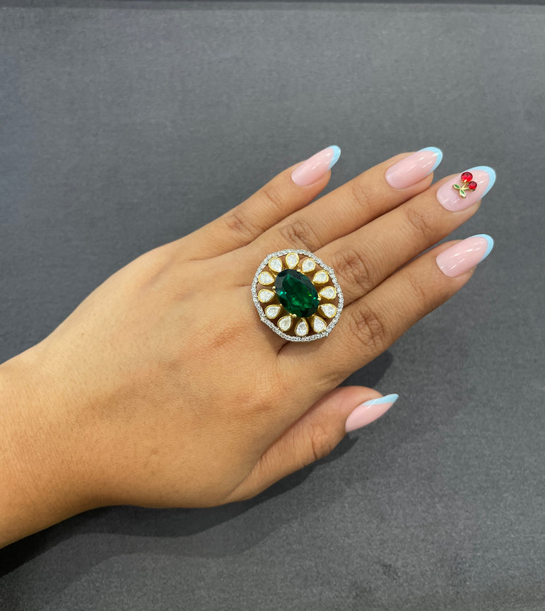 925 Silver Emerald Polki Ring