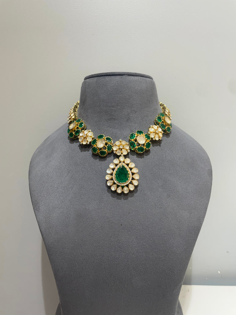 925 Silver Sanganer Polki Necklace Set