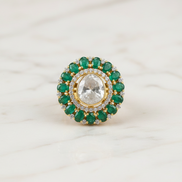 Emerald Green Cabochon Outer Halo Moissanite Polki Ring