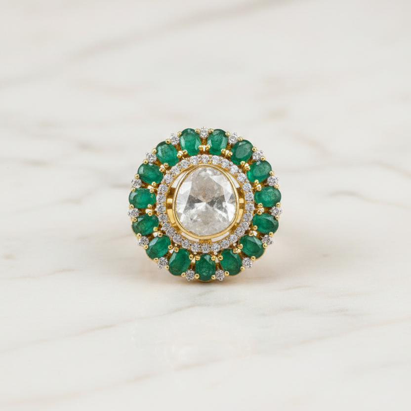 Emerald Green Cabochon Outer Halo Moissanite Polki Ring