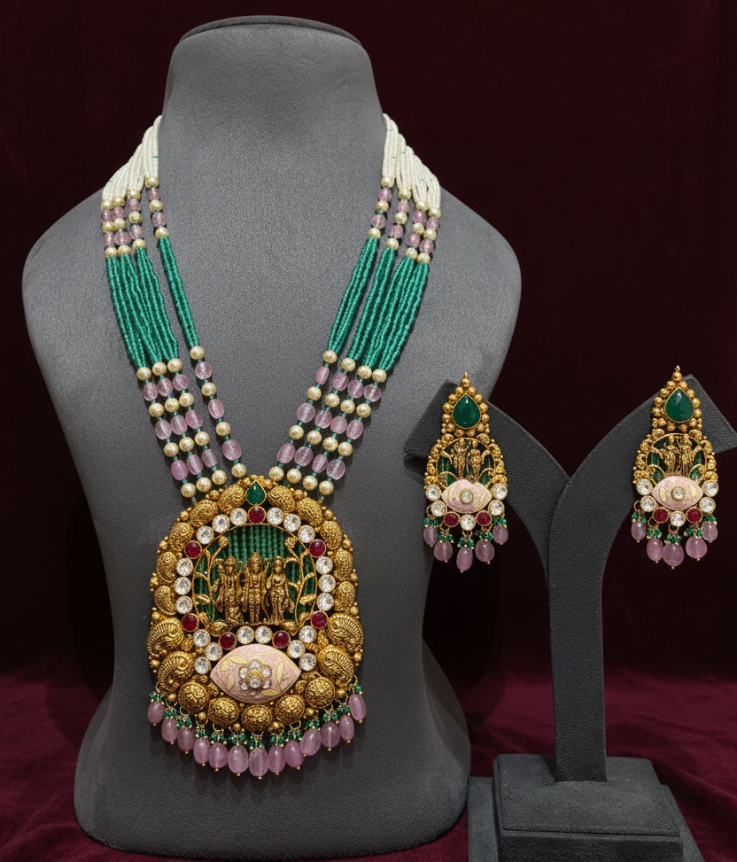 Divine Ram Darbar Nakshi & Soft Pink Meenakari Long Set