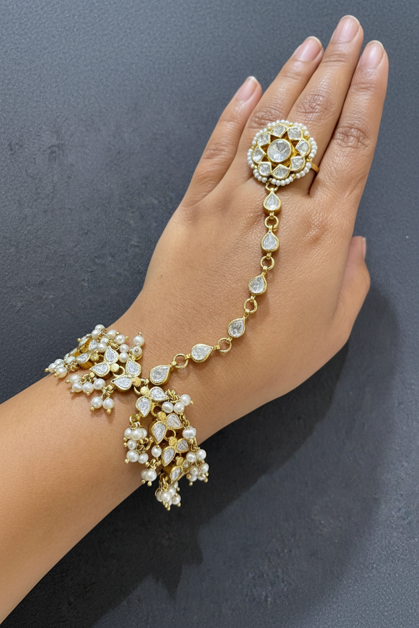 White Pearls Heavy Polki Hathphool
