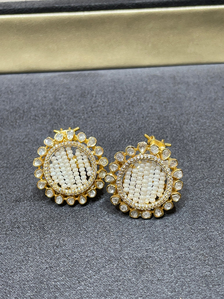 925 Silver Ethnic Pearl & Polki Earrings
