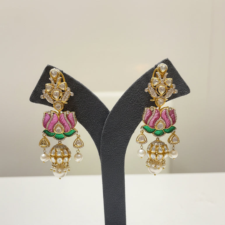 Enamel Lotus Motif Moissanite Polki Jhumka Earrings