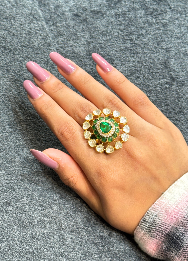 925 Silver Green Stone Polki Ring