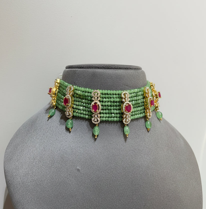 Luxe Mint Green Beaded Diamond Choker