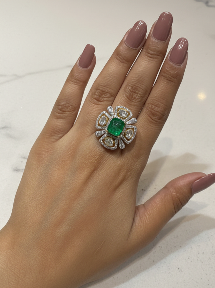 Royal Emerald Gemstone & Moissanite Diamond Floral Cocktail Ring