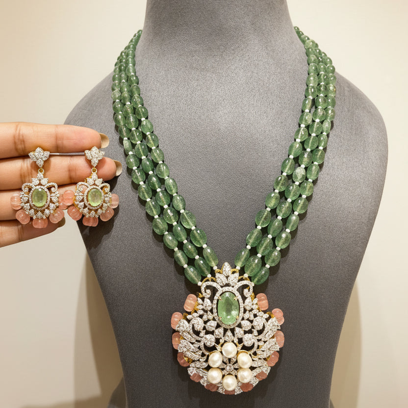 Oval Mint Gemstone & Pearl Cluster Diamond Look Set