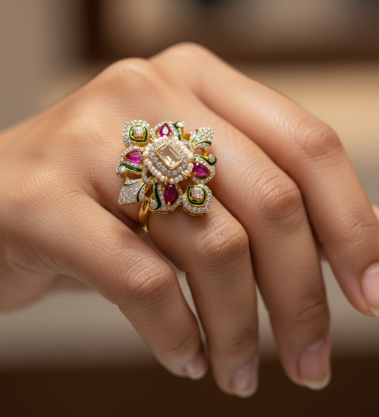 Royal Floral Meenakari Moissanite Diamond Cocktail Ring