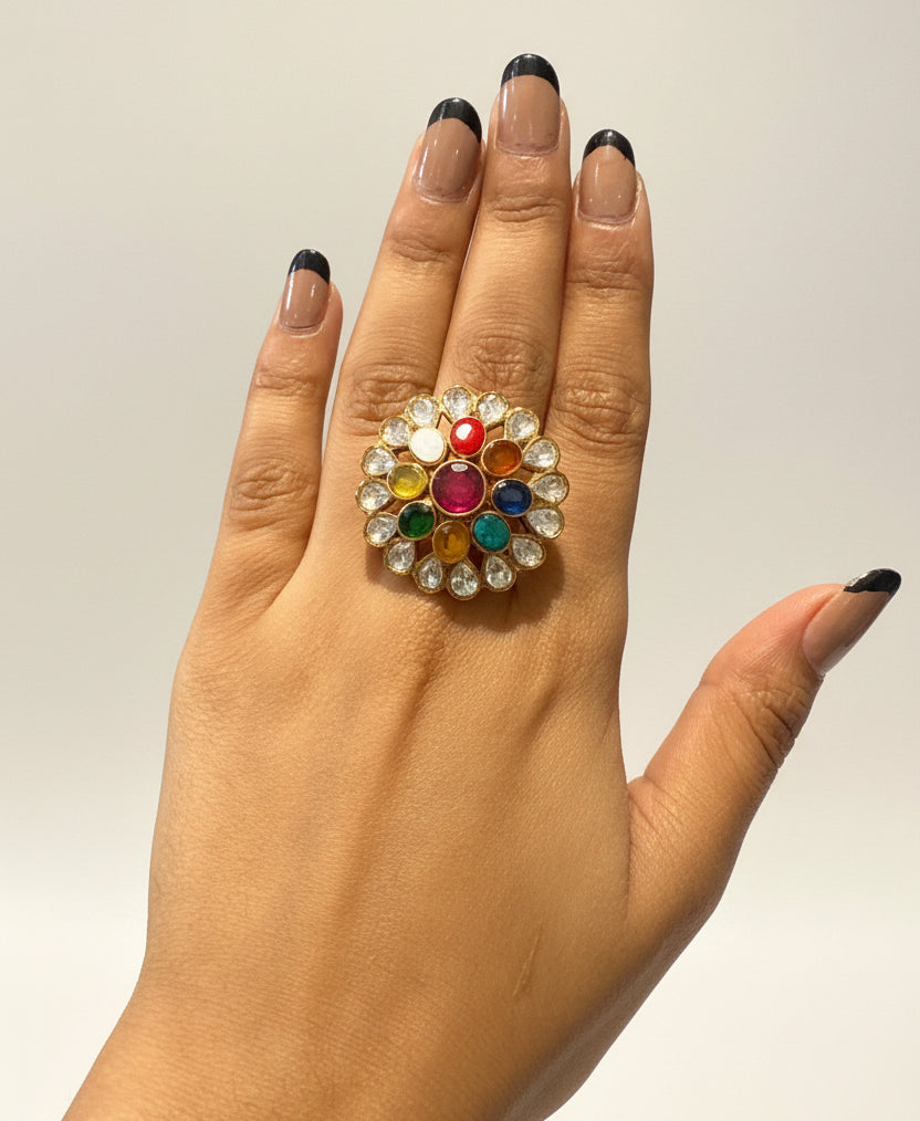 Royal Nine-Gemstone Moissanite Polki Cocktail Ring