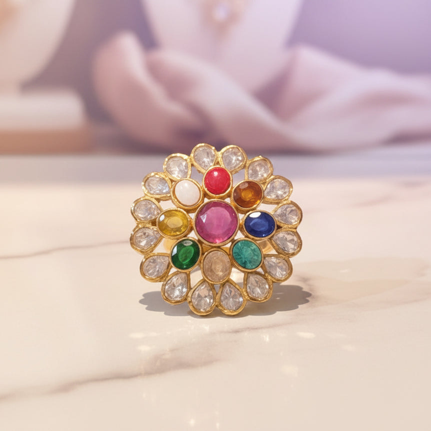 Royal Nine-Gemstone Moissanite Polki Cocktail Ring