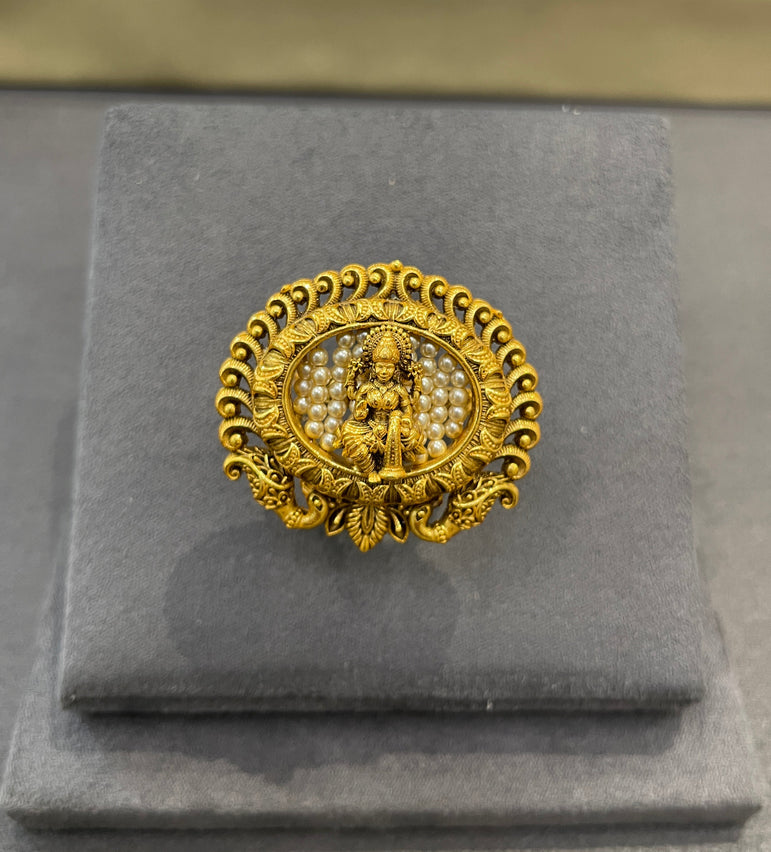 925 Silver Lakshmi Ji Antique Gold Look Ring