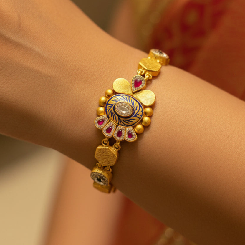 Antique Gold Nakshi & Deep Blue Meenakari Segmented Bracelet