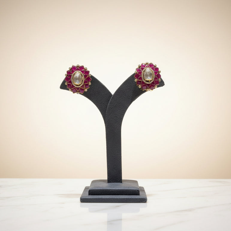 Royal Lotus Gemstone & Micro-Pavé Polki Oversized Stud Earrings