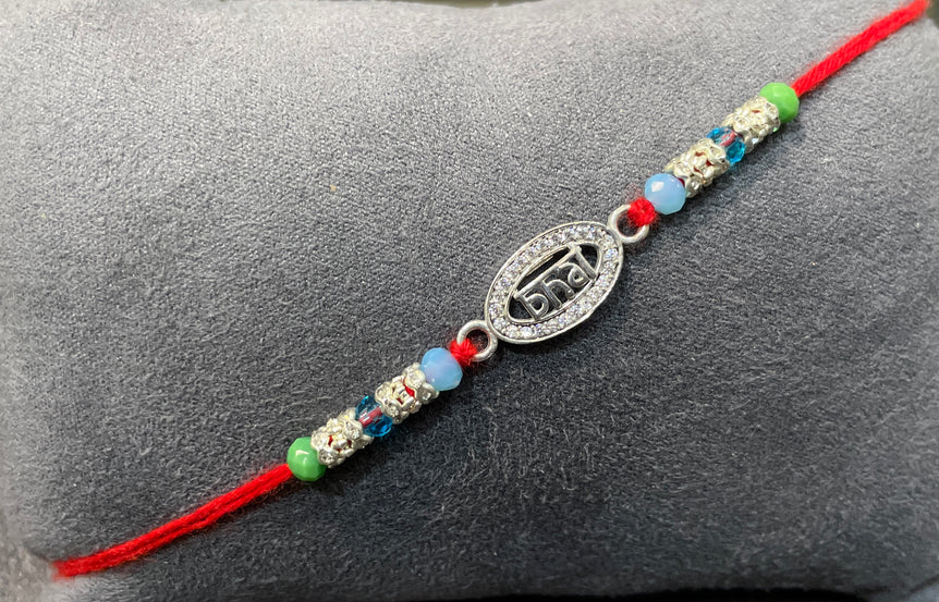 Premium Oval "Bhai" Silver-Toned Rakhi with Moissanite Diamond Rakhi