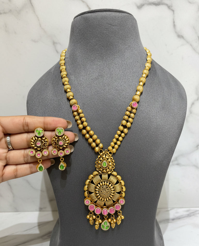 Antique Gold Dual-Strand & Pink-Green Medallion Set