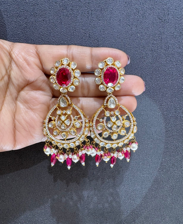 925 Silver Ruby Polki Earrings