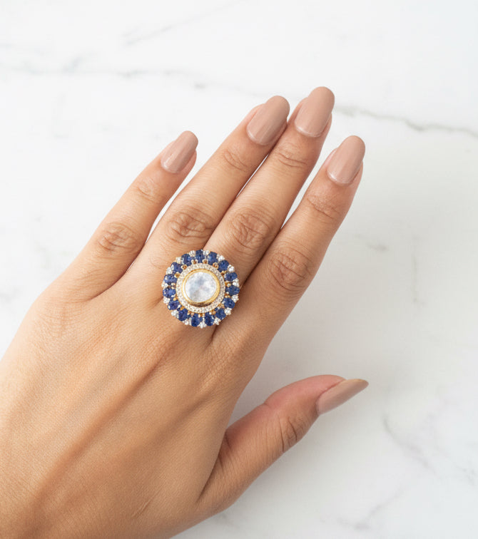 Sapphire Blue Halo Moissanite Polki Statement Ring