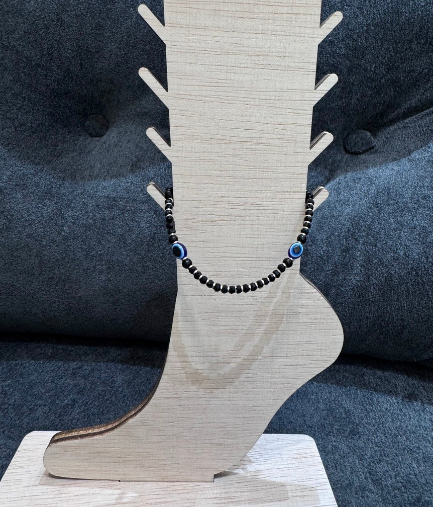 Faceted Black Bead Multi-Evil Eye Anklet Pair